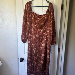 Vici Brown floral Dress with Bishop Sleeves and square neck